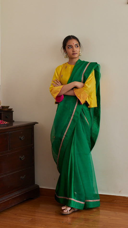 Cross Butta Organza Saree in Teej Green