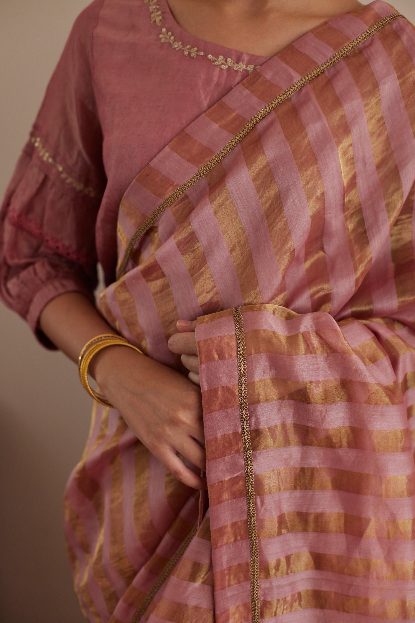 Sameena Tissue Stripe Saree in Onion Pink