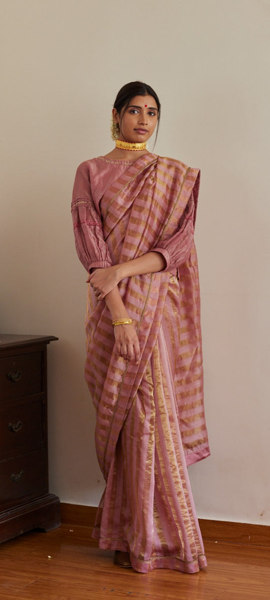 Sameena Tissue Stripe Saree in Onion Pink