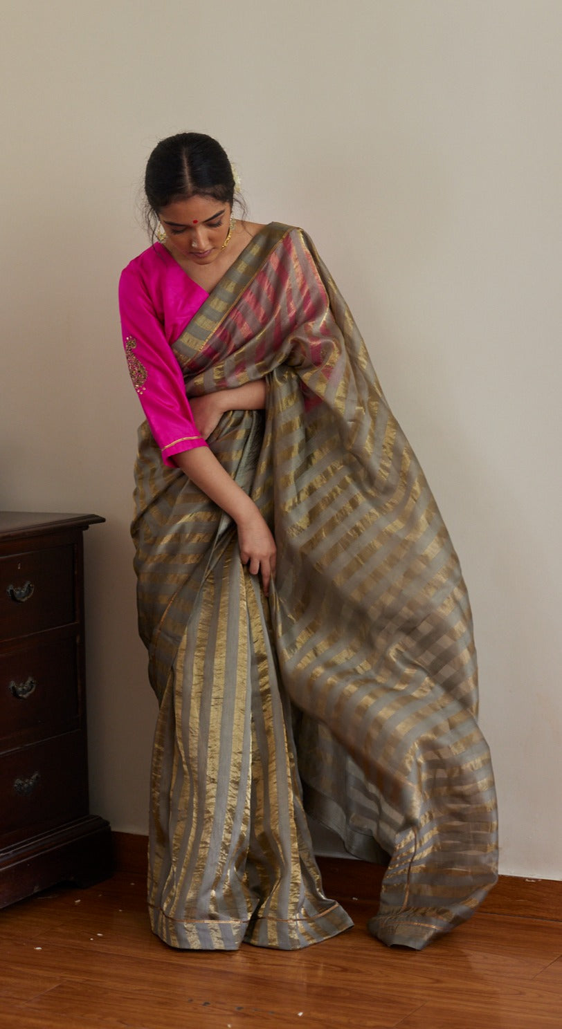 Sage Green Sameena Tissue Stripe Saree