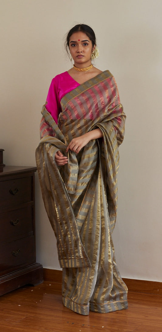 Sage Green Sameena Tissue Stripe Saree