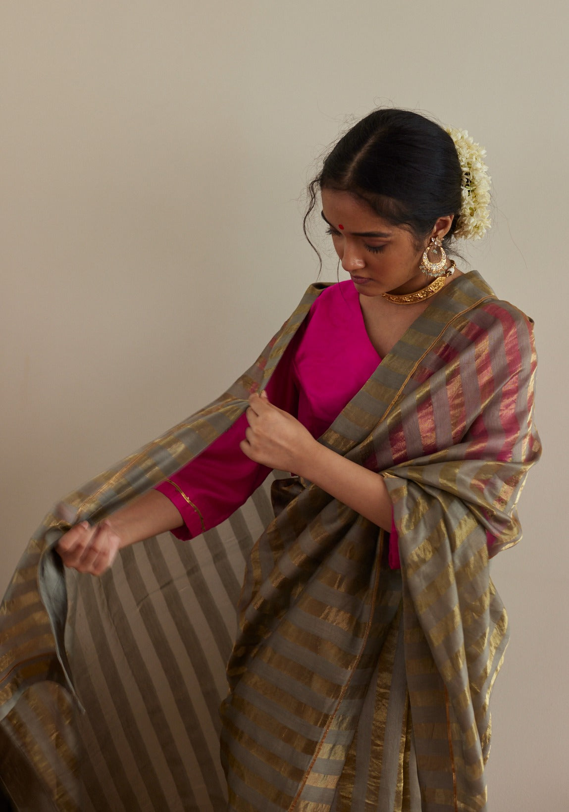 Sage Green Sameena Tissue Stripe Saree