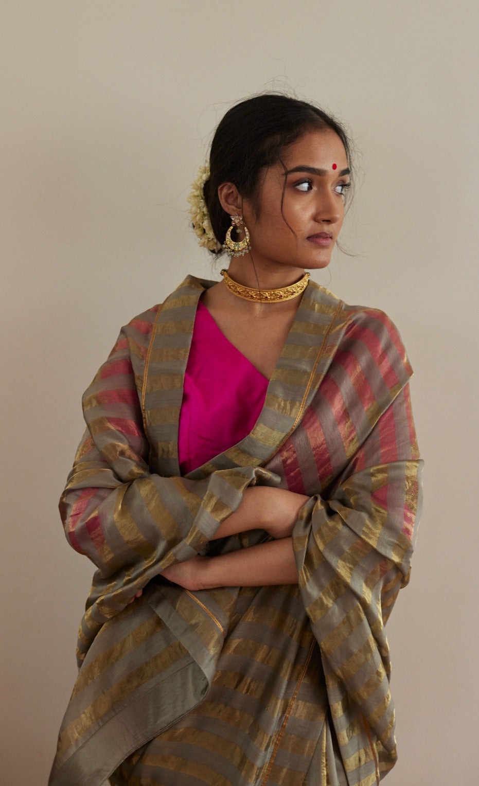 Sage Green Sameena Tissue Stripe Saree