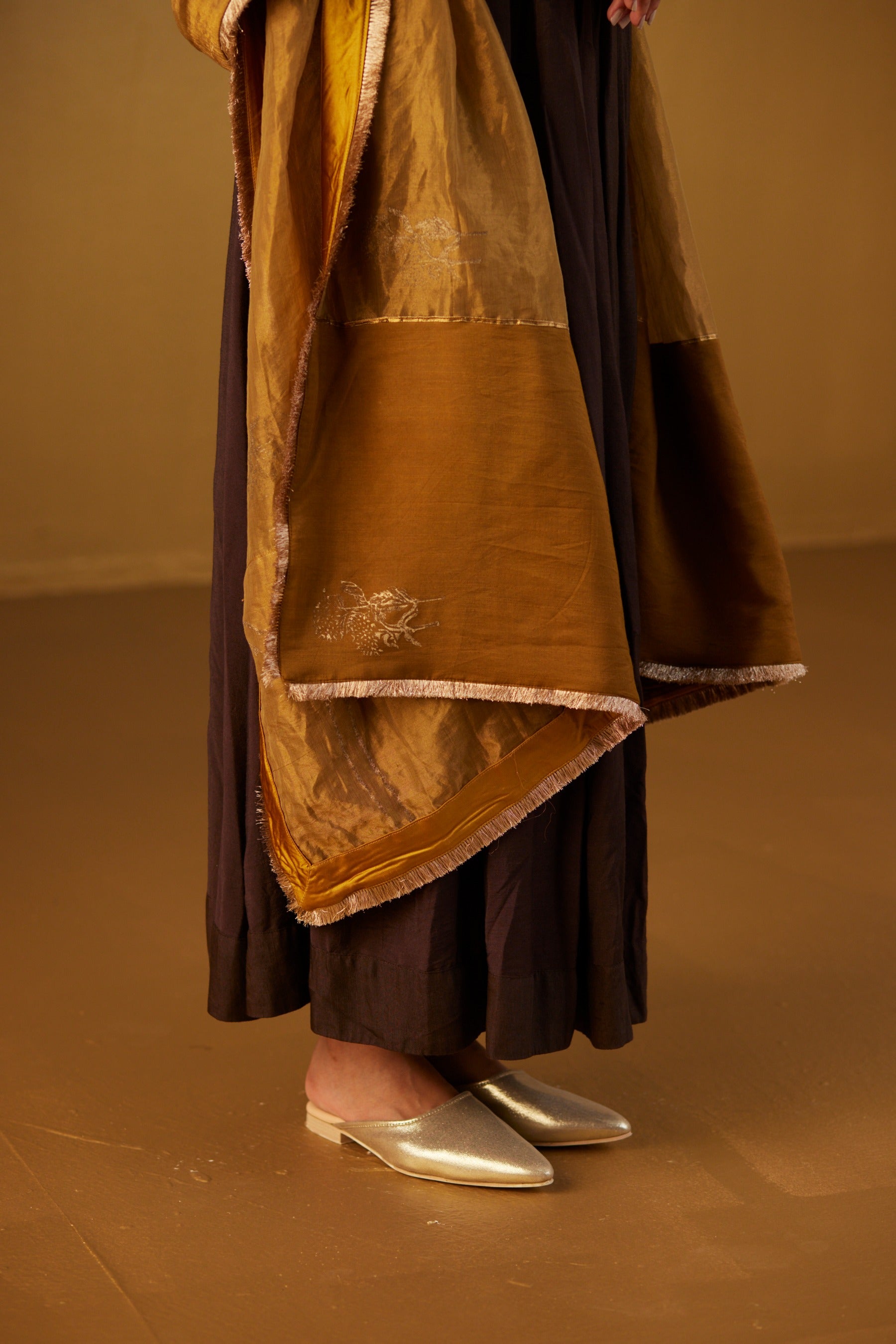 Gold Tissue Dupatta with Hand Block Print