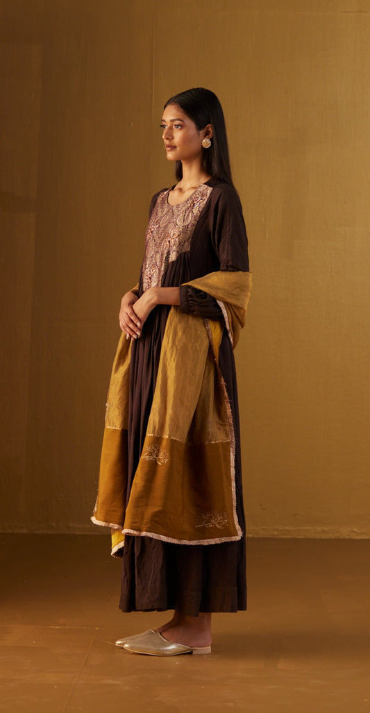 Gold Tissue Dupatta with Hand Block Print