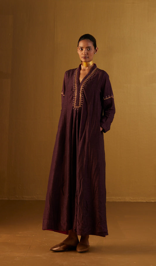 Sashiko Dress in Plum Silk