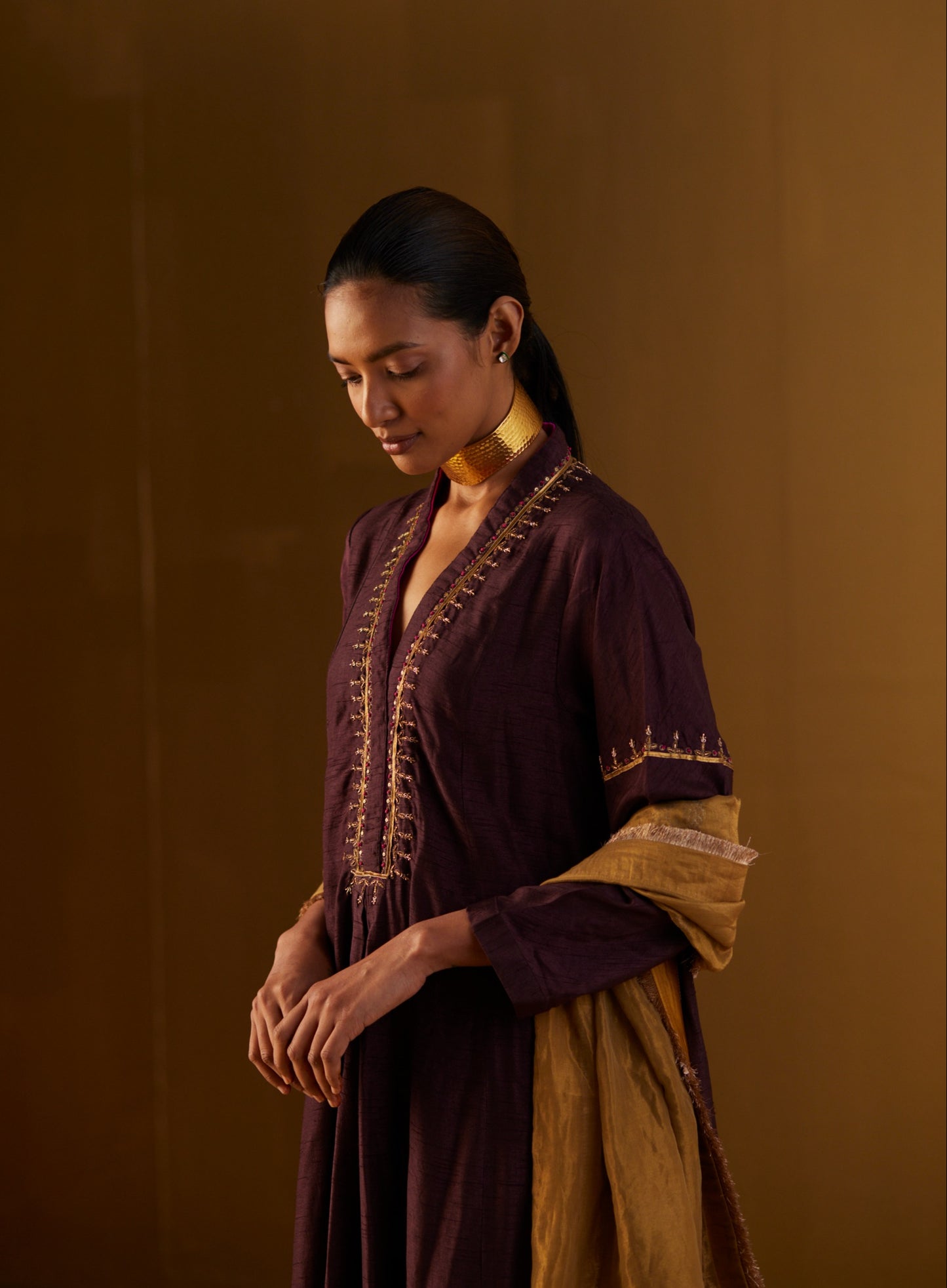 Sashiko Dress in Plum Silk