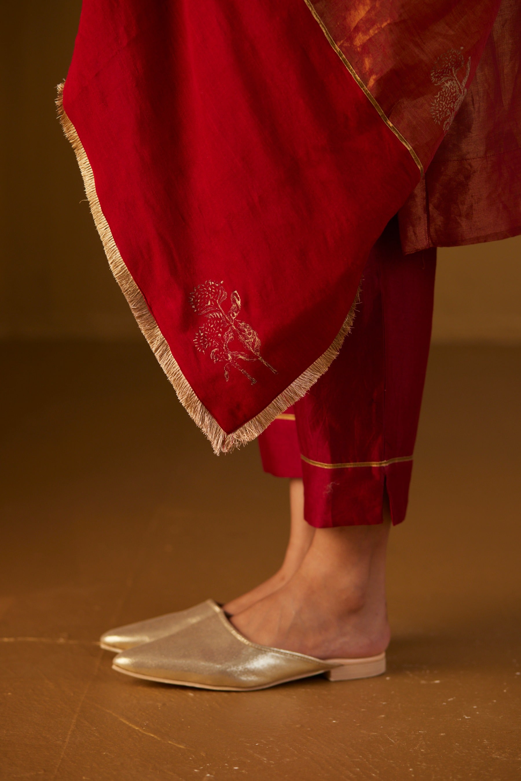 Red Tissue Dupatta with Hand Block Print