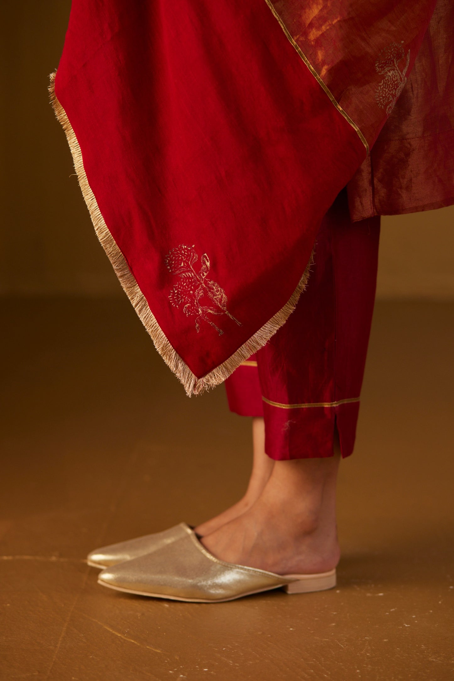 Red Tissue Dupatta with Hand Block Print