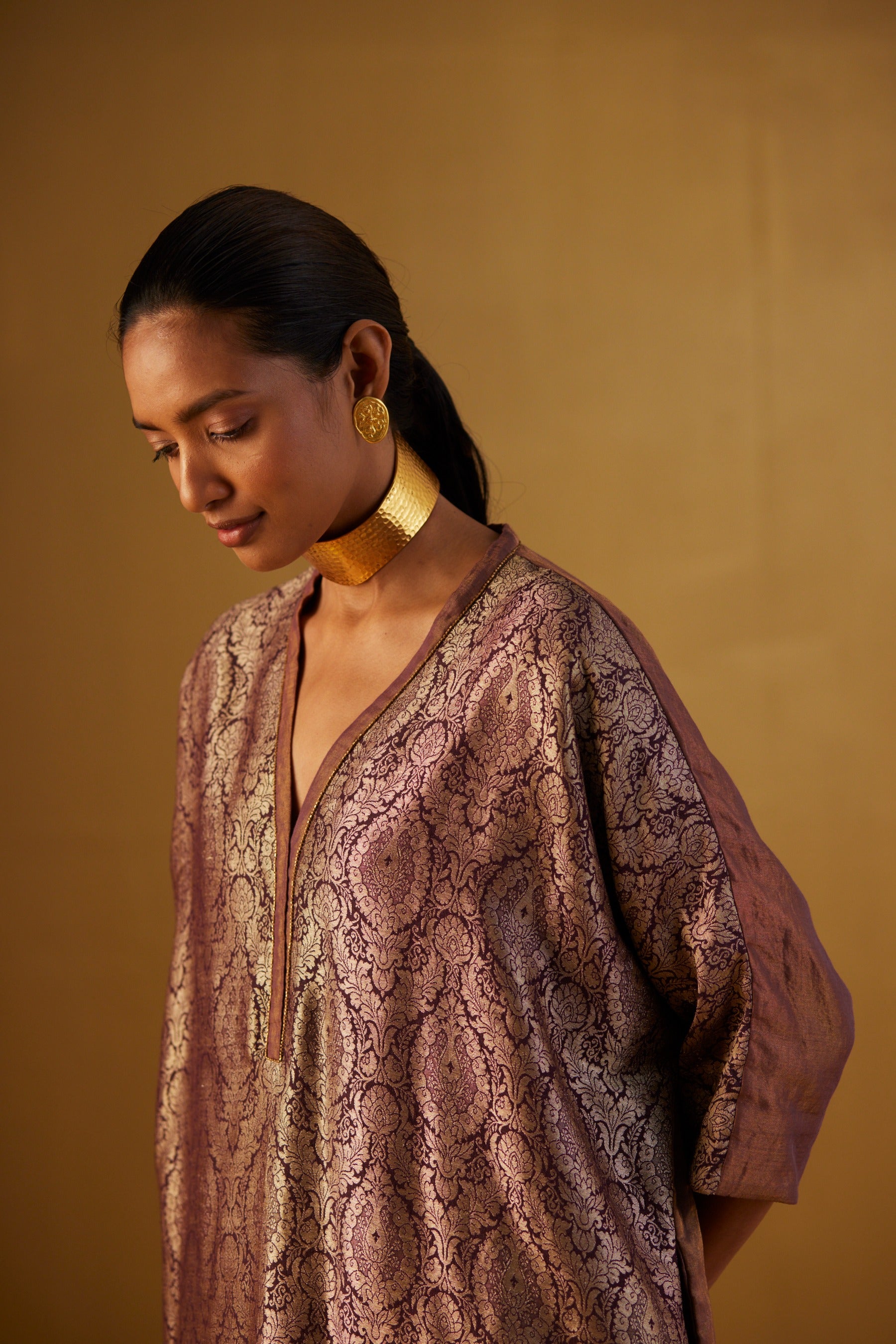 Shahi Kaftan in Plum Mughal Brocade with Plum Pants