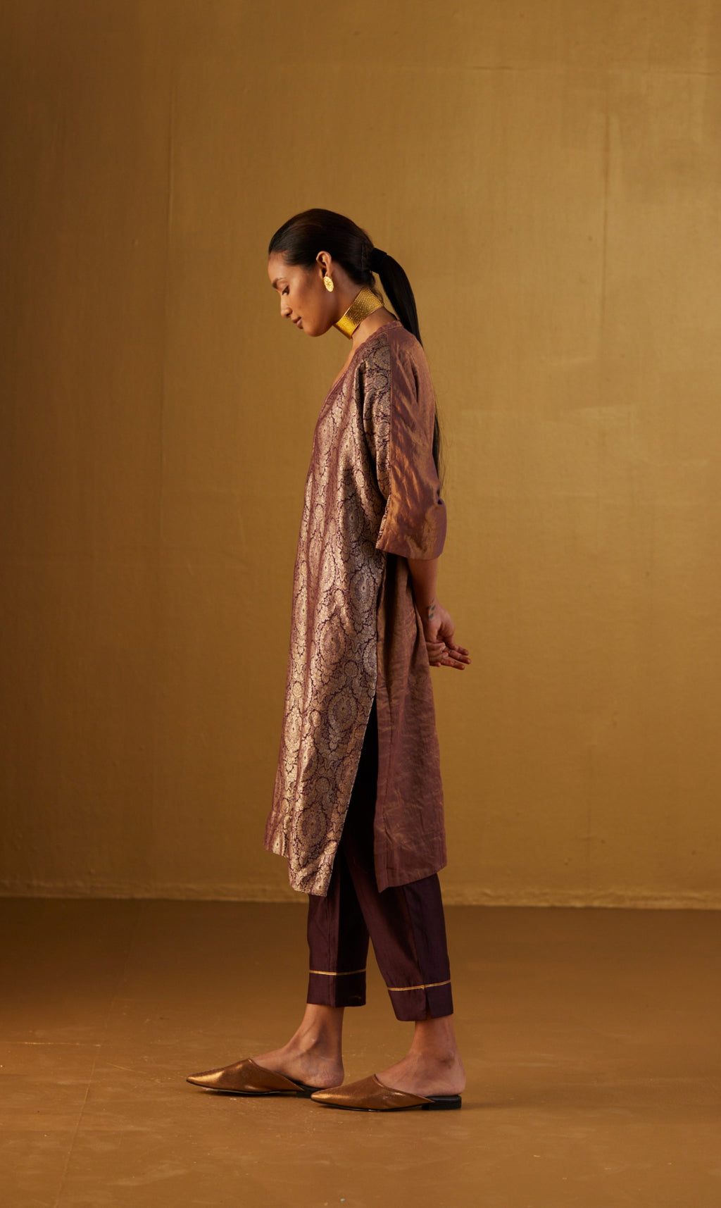Shahi Kaftan in Plum Mughal Brocade with Plum Pants
