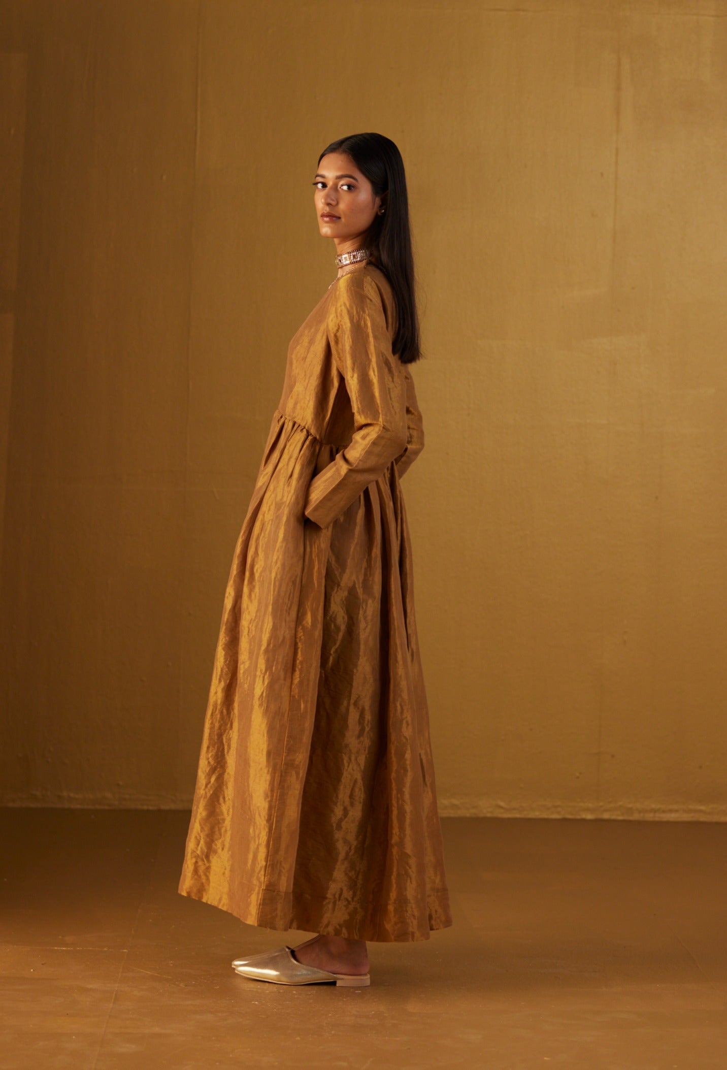 Anna Anarkali Dress in Gold Tissue