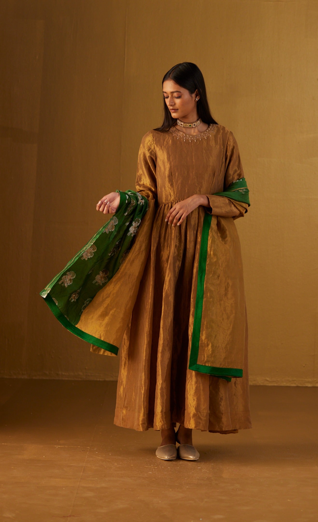 Anna Anarkali Dress in Gold Tissue
