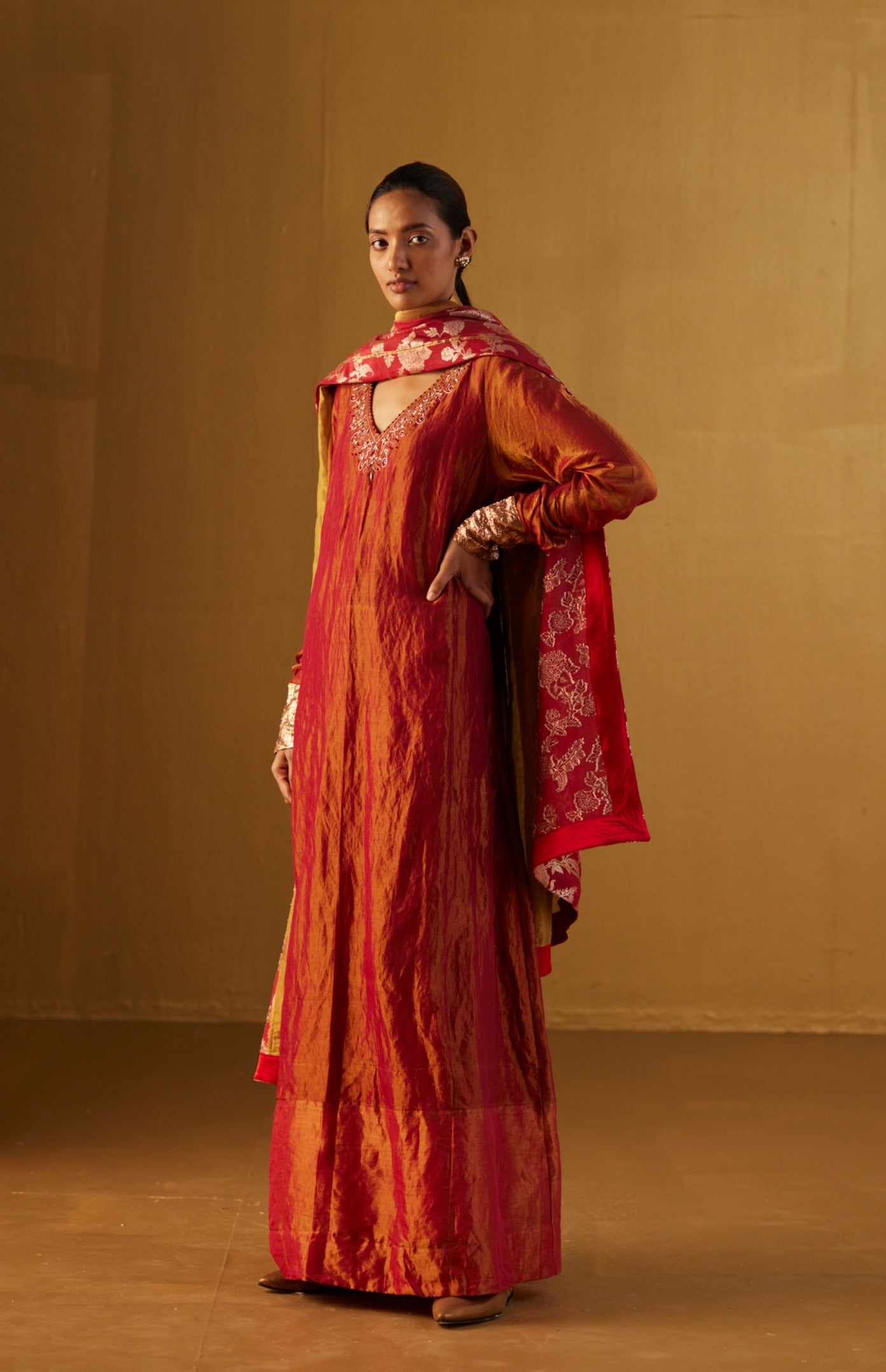 Sherbet Anarkali Dress in Red Tissue
