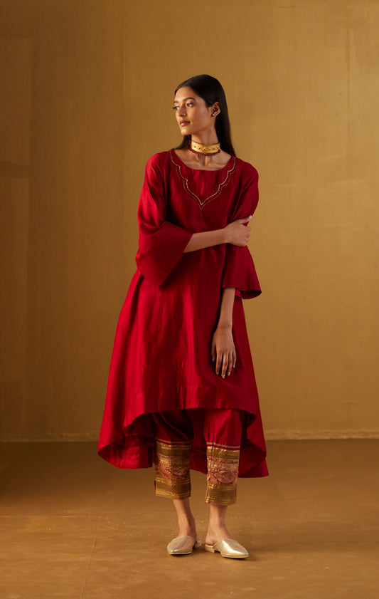 Red Oonch Neech kurta with Gota Chanderi Pants