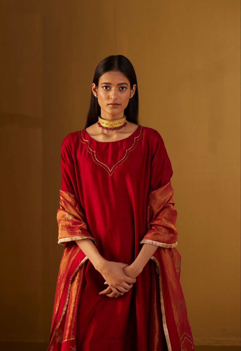 Red Oonch Neech kurta with Gota Chanderi Pants