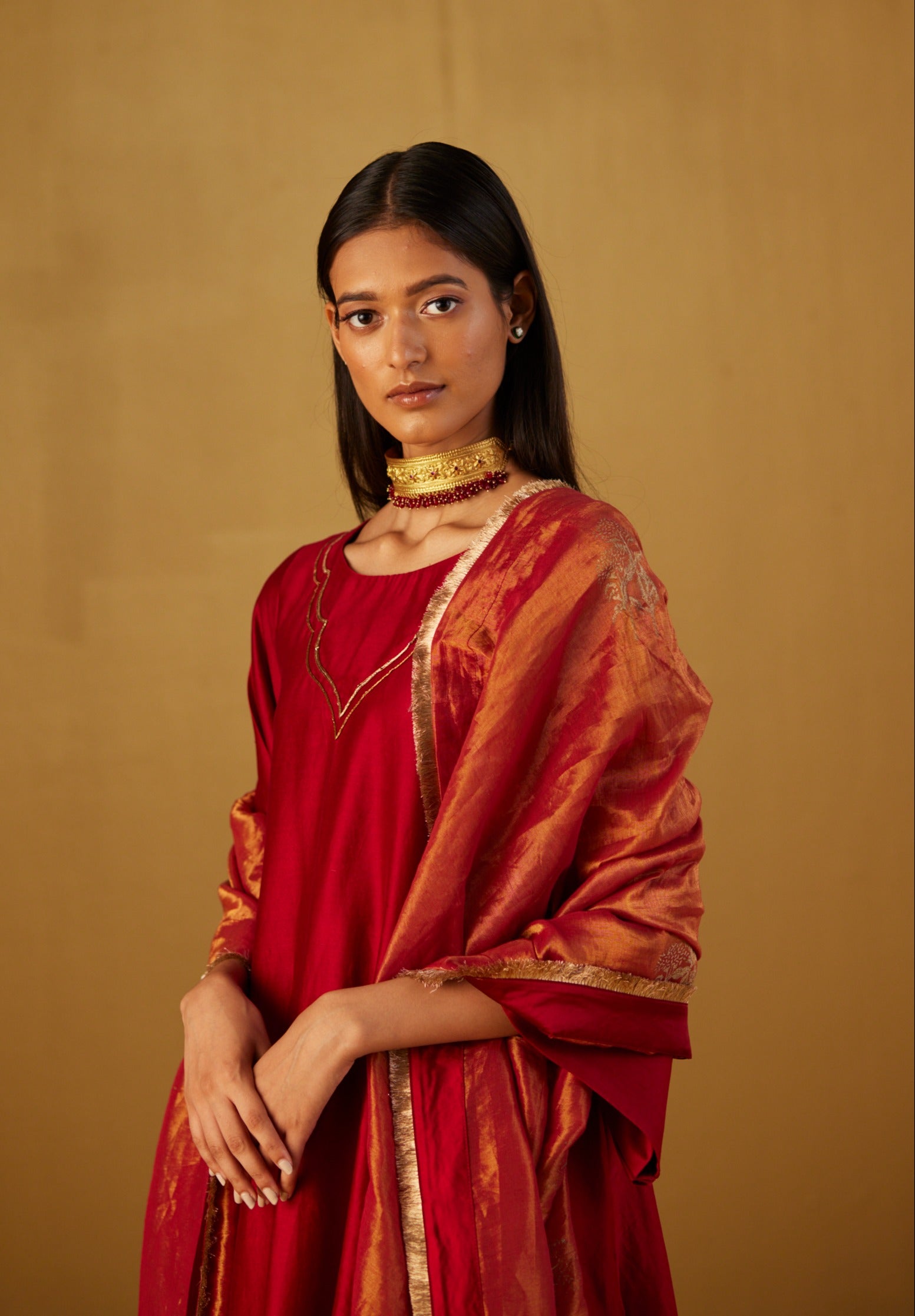 Red Tissue Dupatta with Hand Block Print
