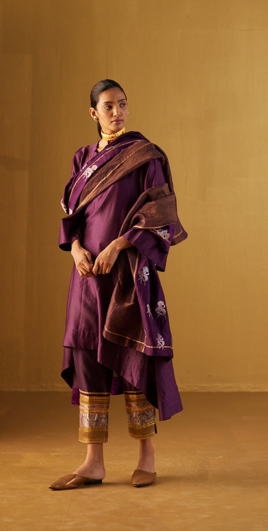 Purple Dupatta in Half Tissue & Half Brocade