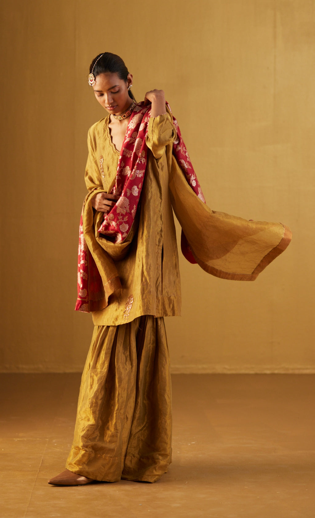 Red Dupatta in Half Tissue and Half Brocade