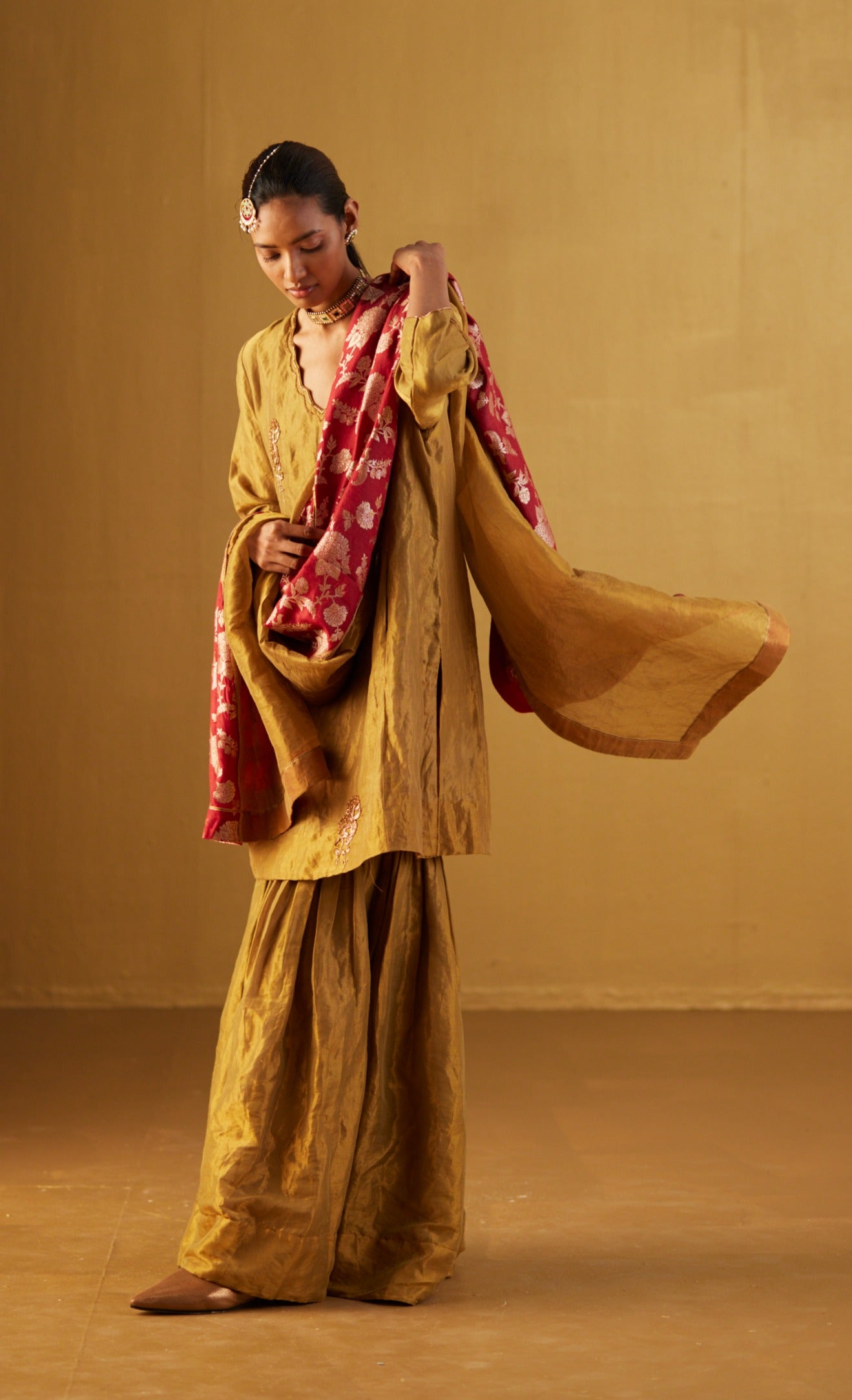 Red Dupatta in Half Tissue and Half Brocade