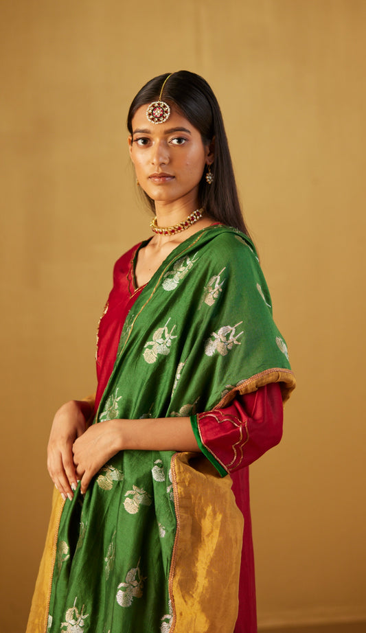 Green Dupatta in Half Tissue and Half Brocade