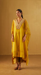 Ochre Waahida Kaftan in Hand Block Print and Gold Pants
