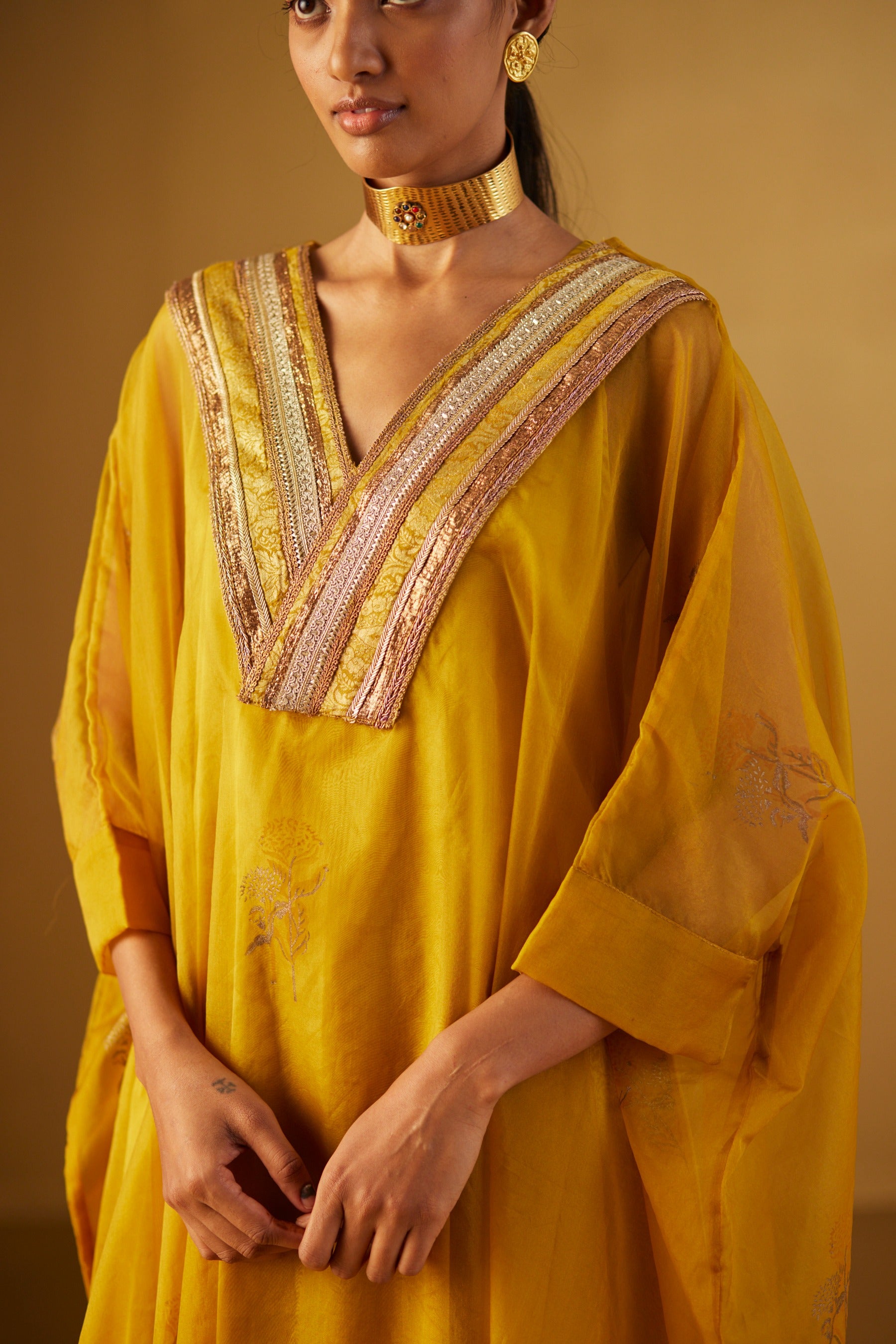 Ochre Waahida Kaftan in Hand Block Print and Gold Pants