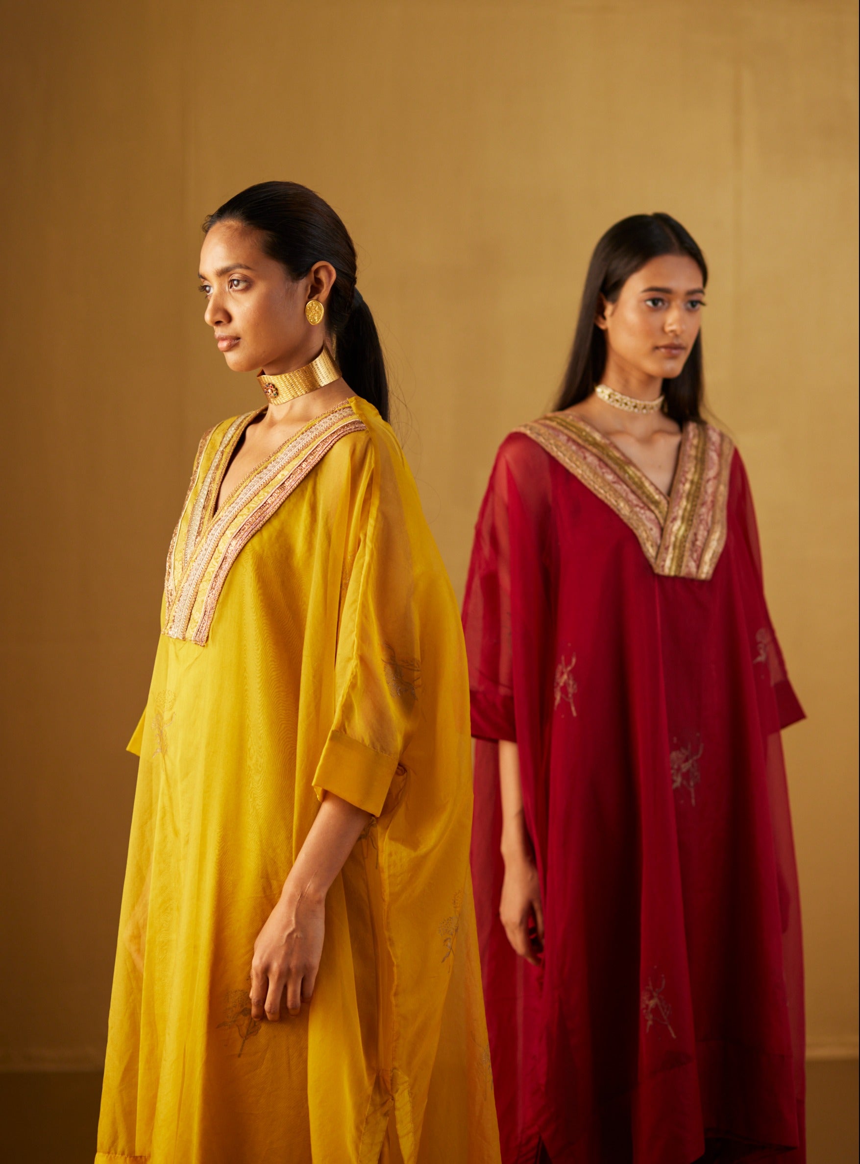 Red Waahida Kaftan in Hand Block Print and Gold Pants