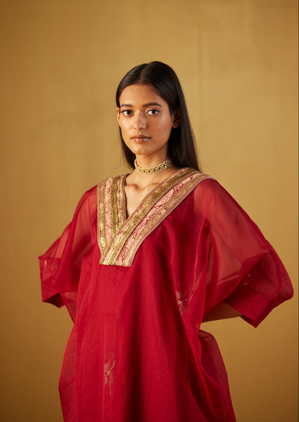 Red Waahida Kaftan in Hand Block Print and Gold Pants