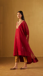 Red Waahida Kaftan in Hand Block Print and Gold Pants