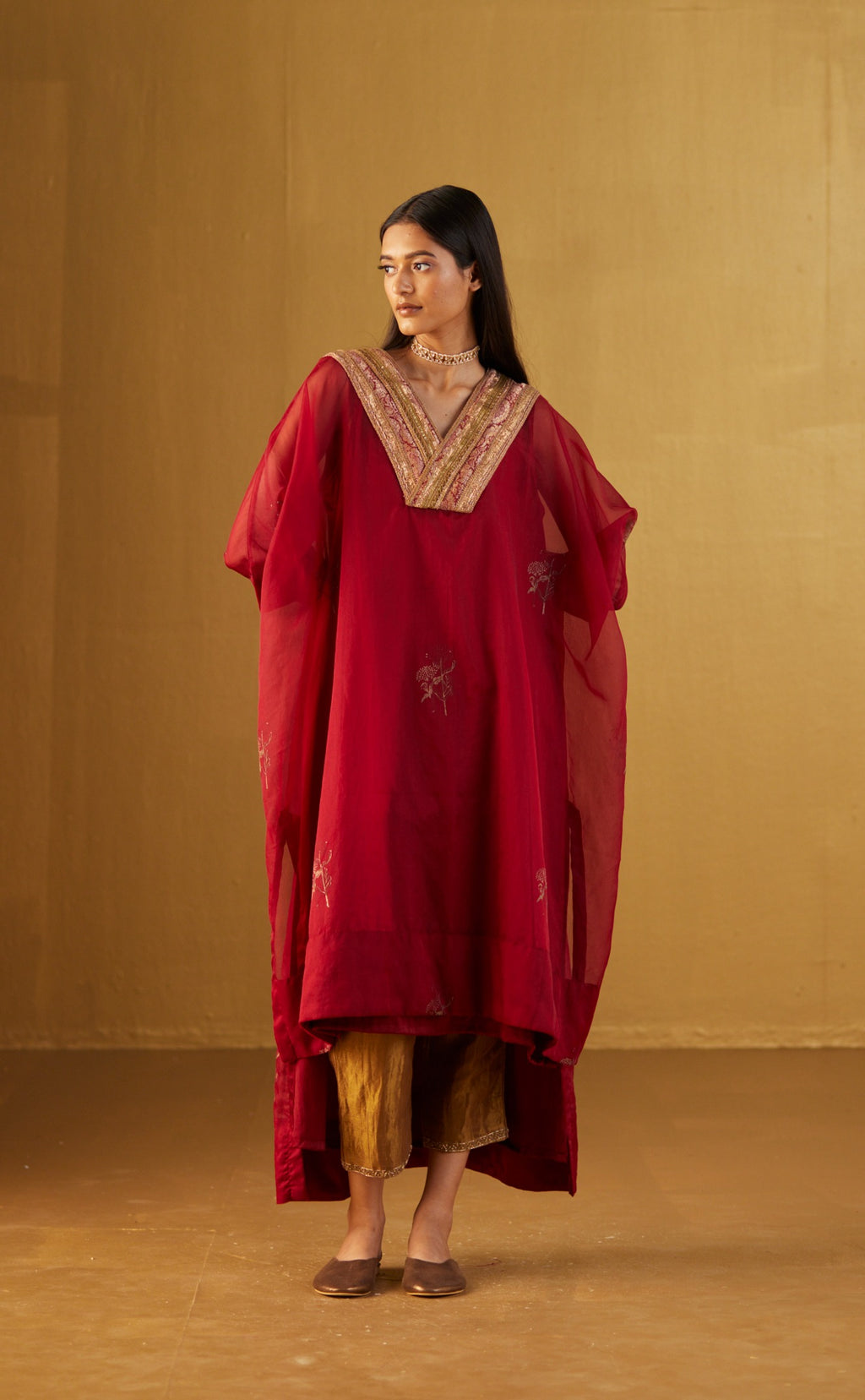 Red Waahida Kaftan in Hand Block Print and Gold Pants