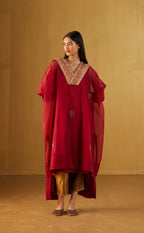 Red Waahida Kaftan in Hand Block Print and Gold Pants