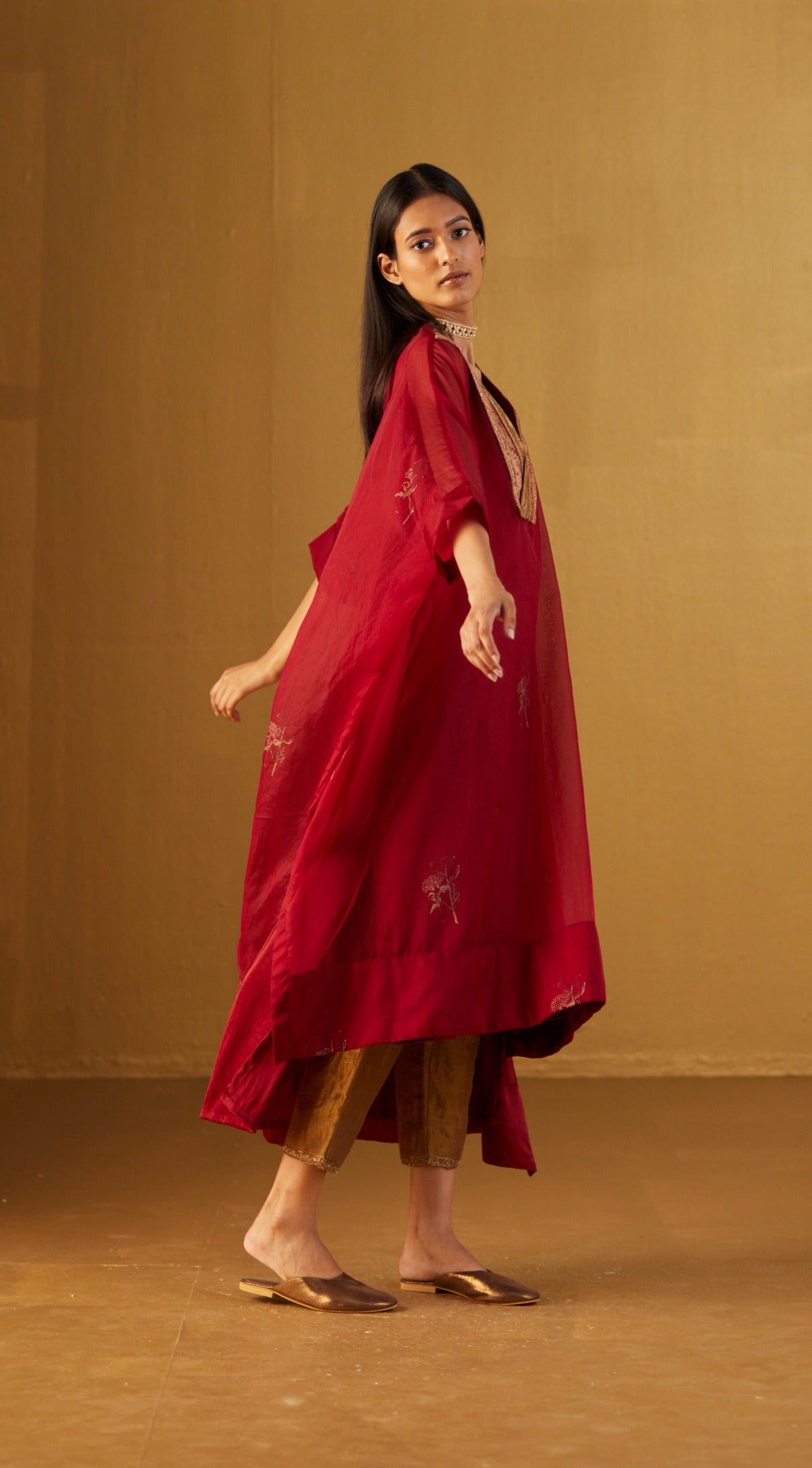 Red Waahida Kaftan in Hand Block Print and Gold Pants