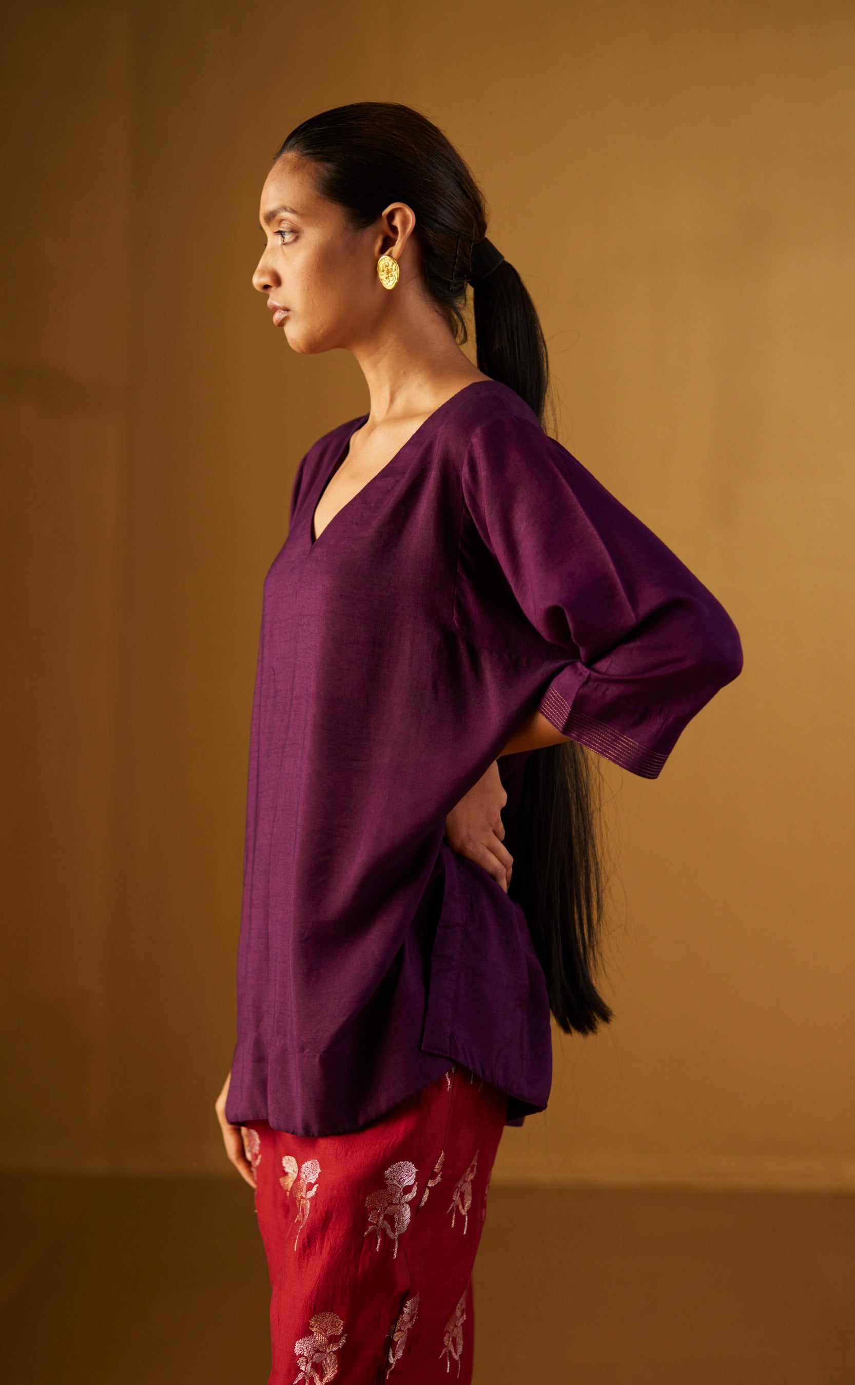 Kaftan top in Purple with Red Brocade Pant