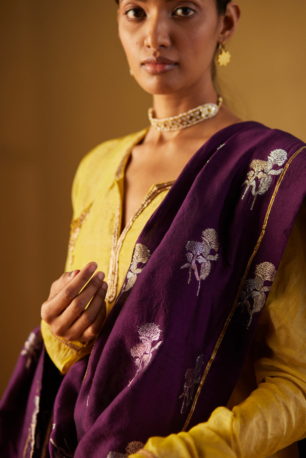 Purple Dupatta in Half Tissue & Half Brocade