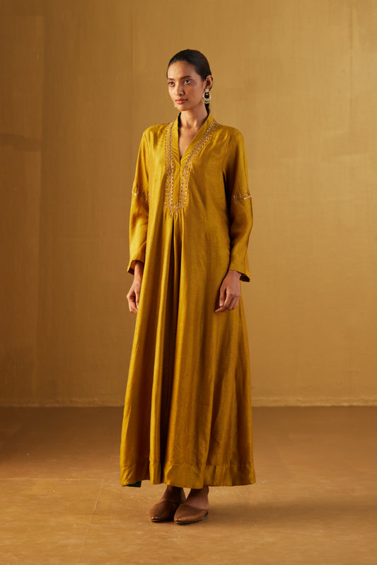 Sashiko Dress in Ochre Silk