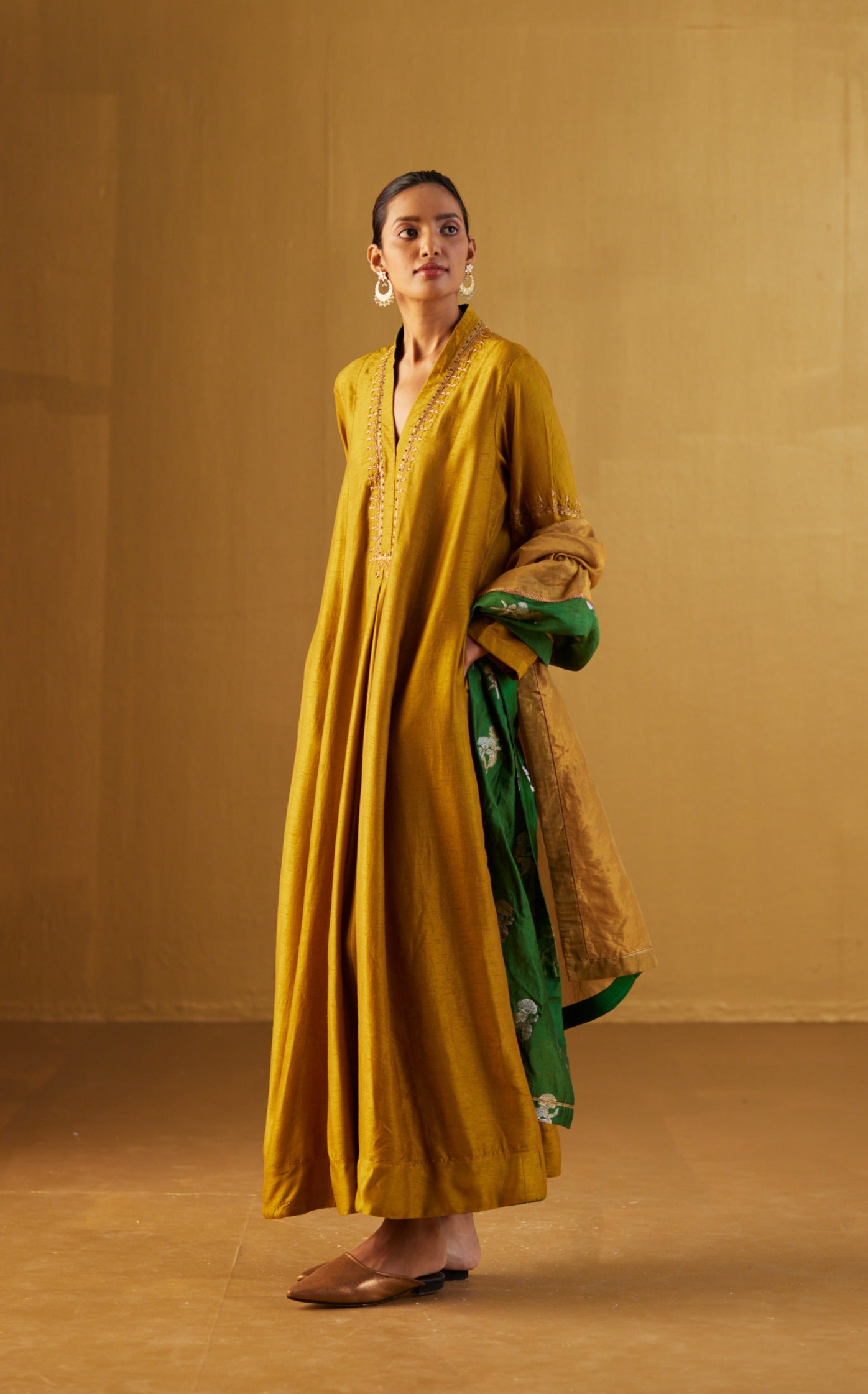 ochre silk dress Ochre Yellow Flared Shift Dress XS