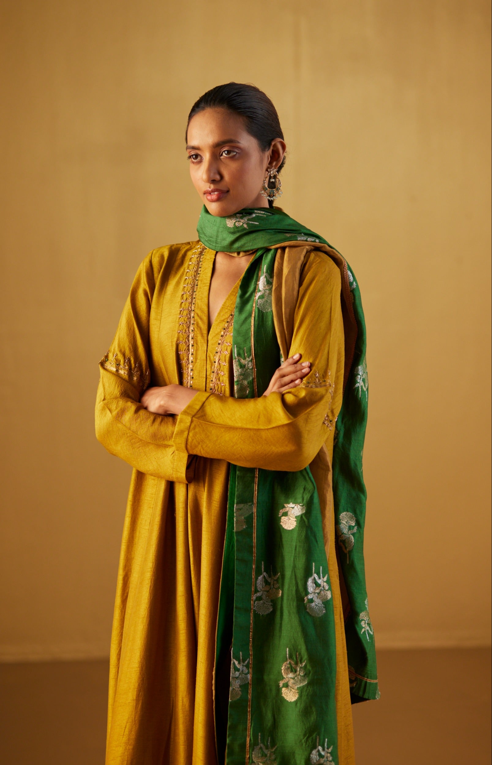 Sashiko Dress in Ochre Silk