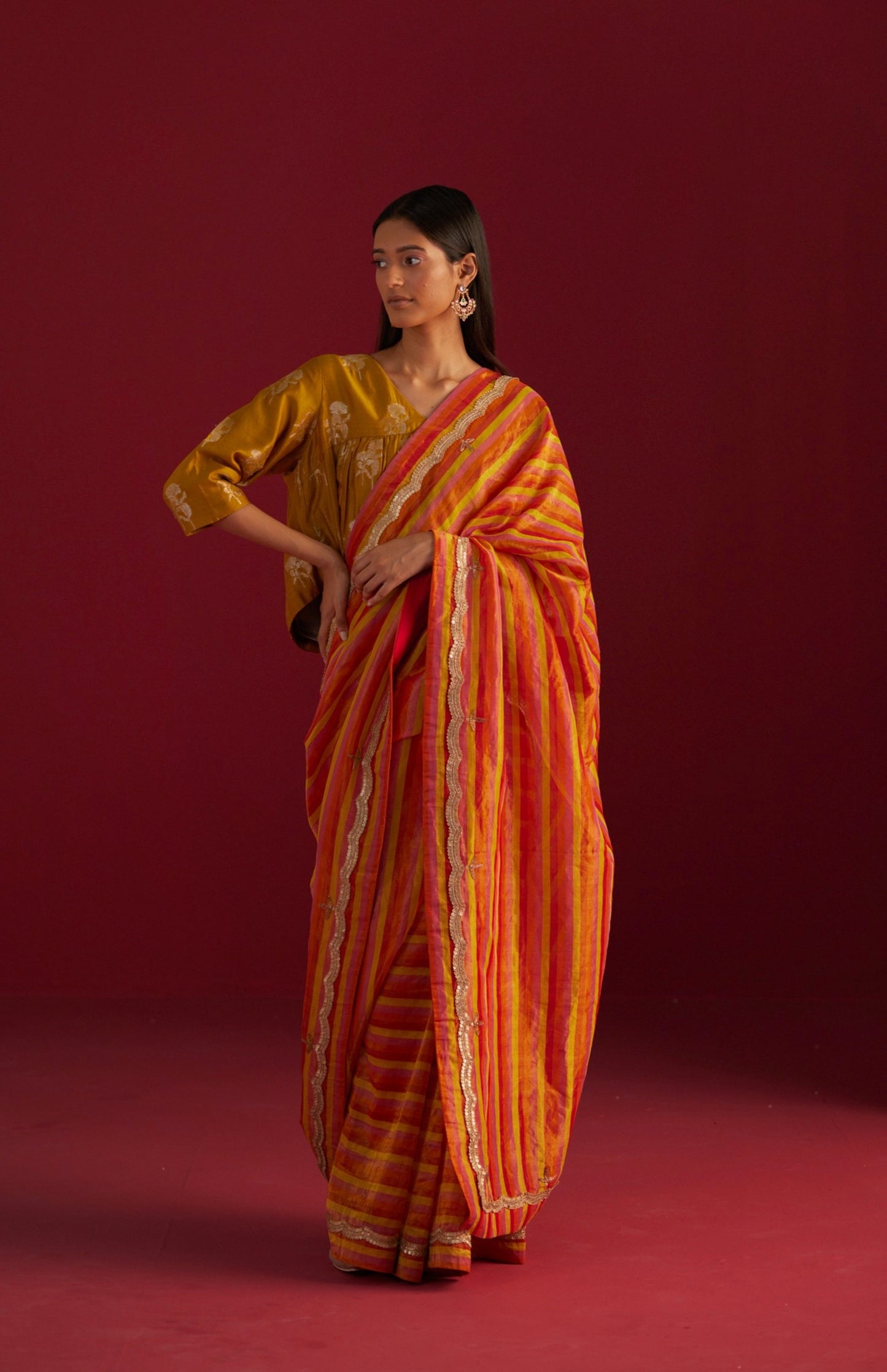 Zoya Tissue Saree in Red and Yellow Stripes