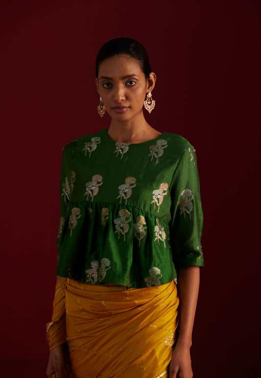 Empireline Blouse in Green Brocade