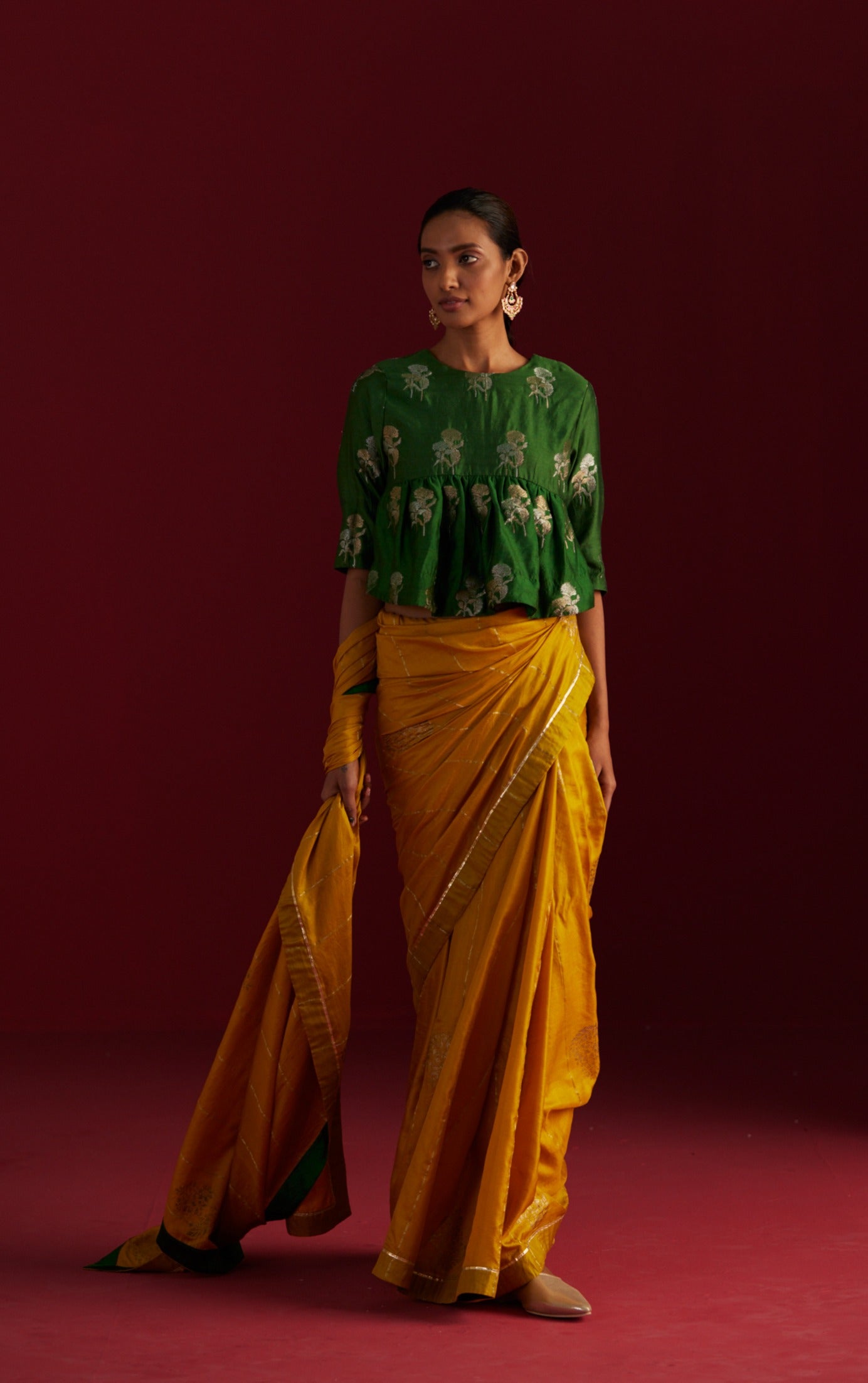 Empireline Blouse in Green Brocade