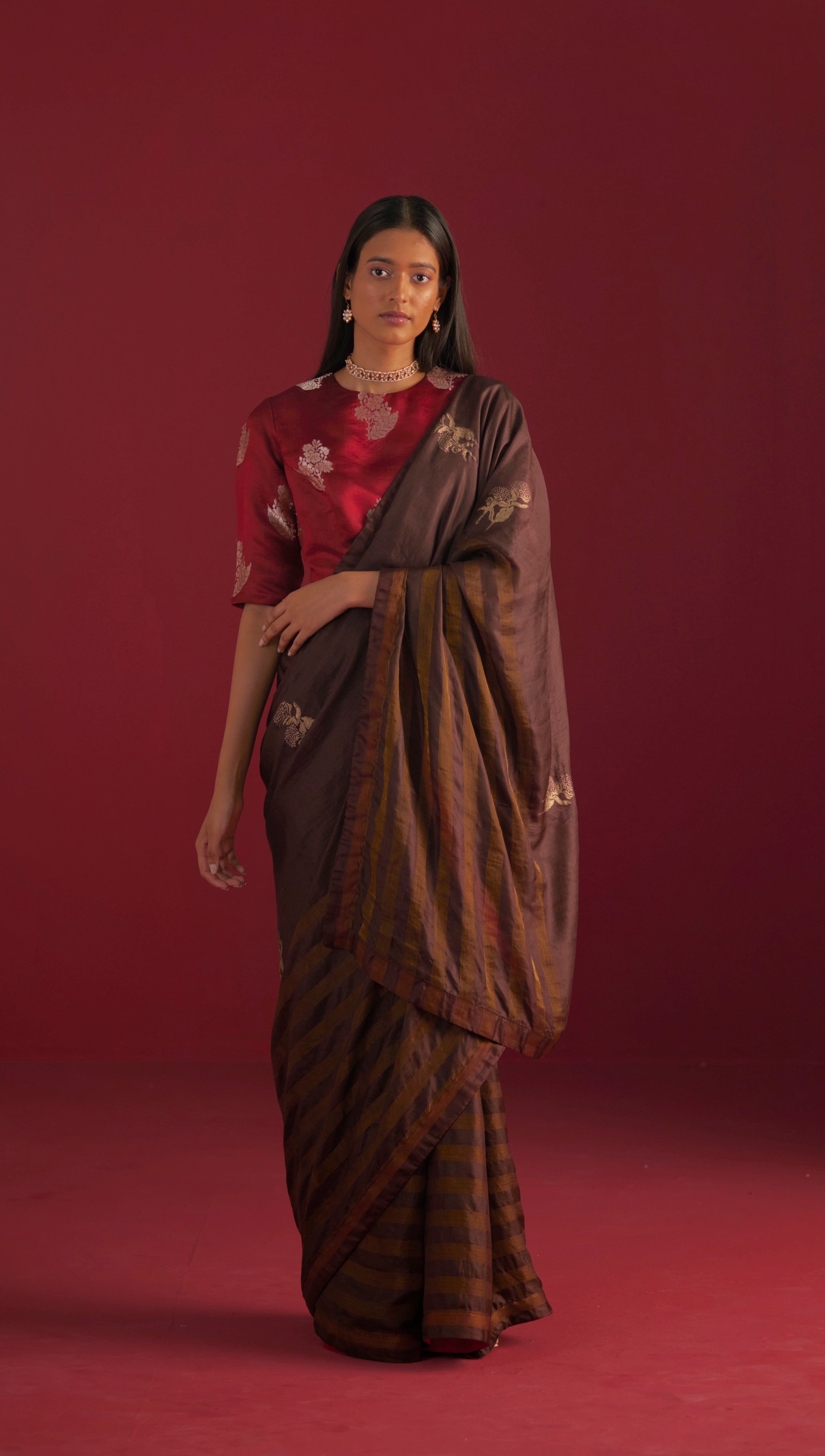 Sameera Saree in brown handloom zari stripe silk