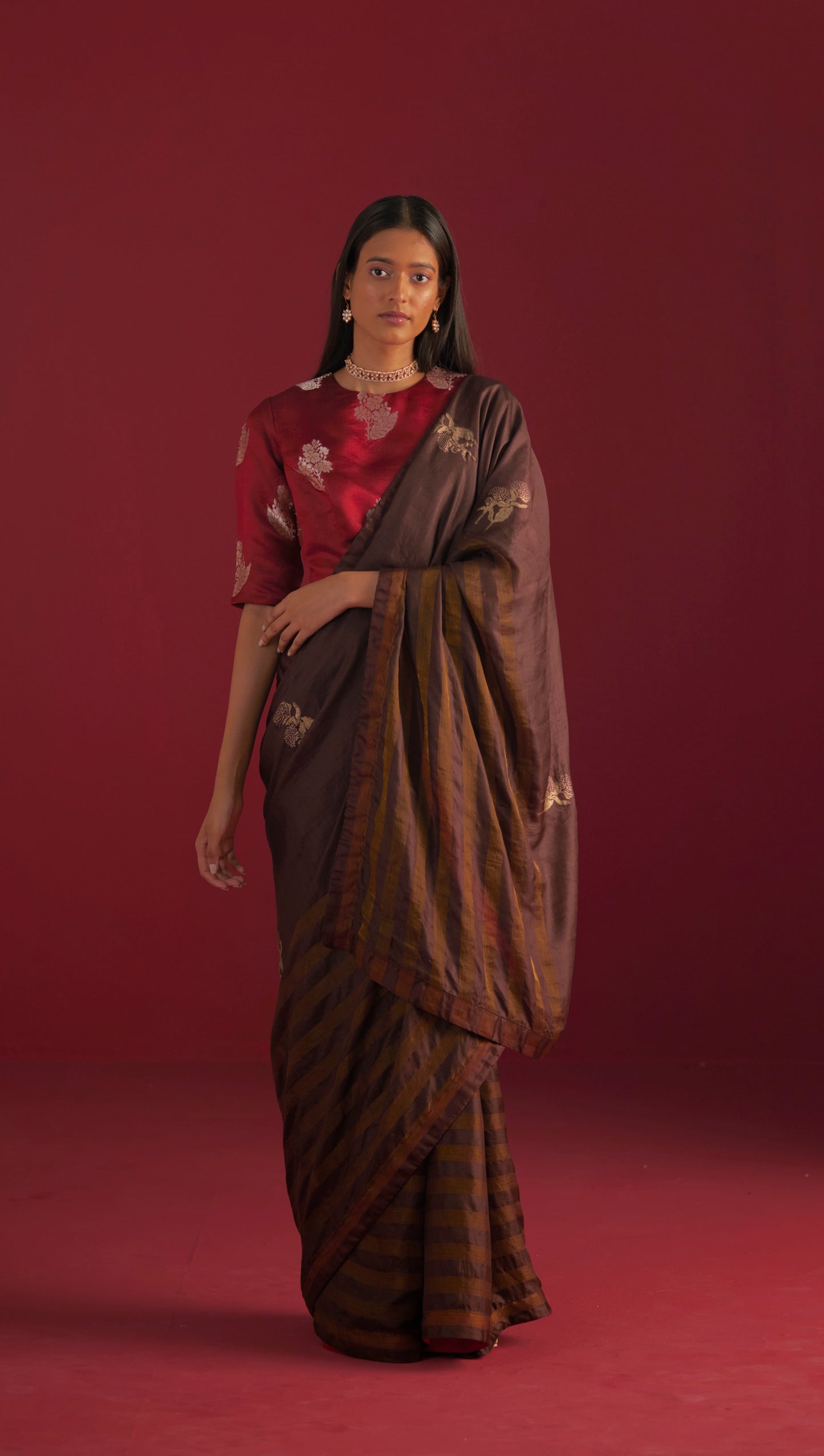 Sameera Saree in brown handloom zari stripe silk
