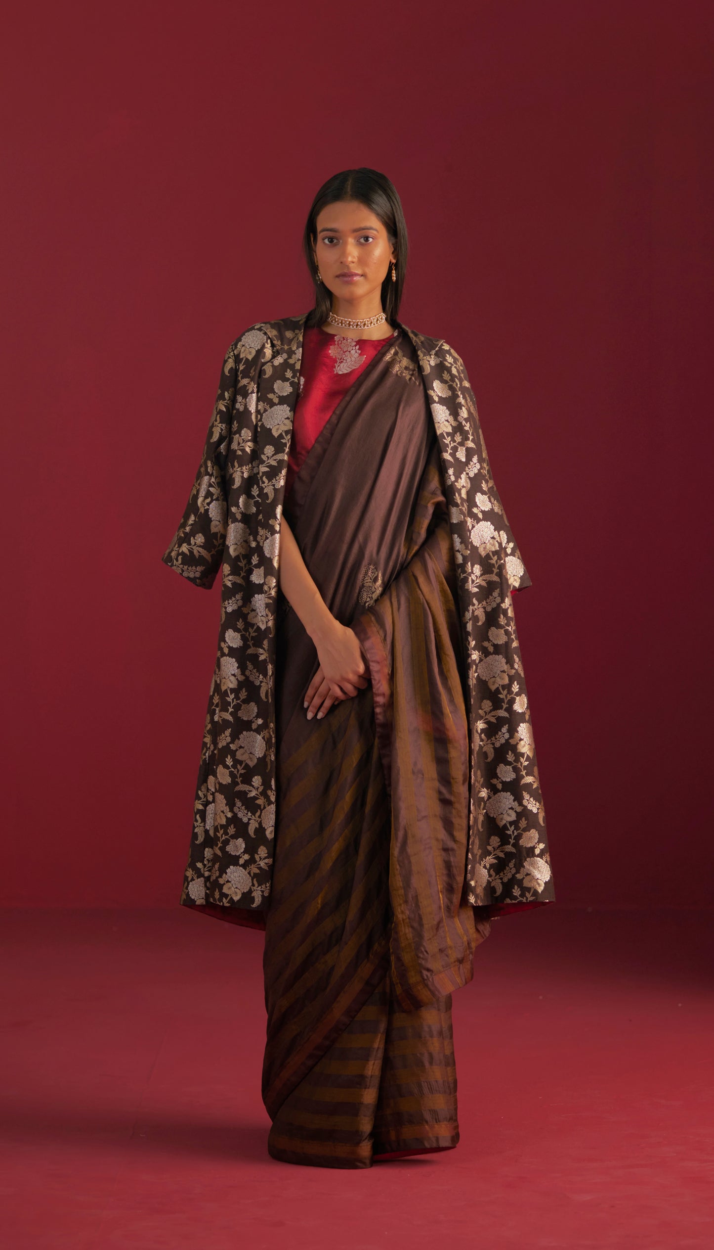 Sameera Saree in brown handloom zari stripe silk