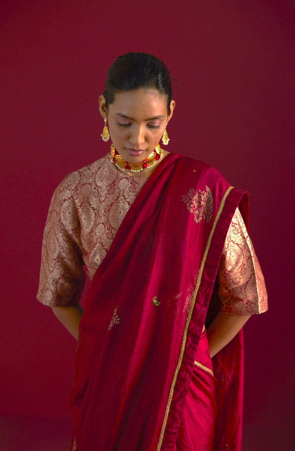 Zero Neck Blouse in Red Mughal Brocade