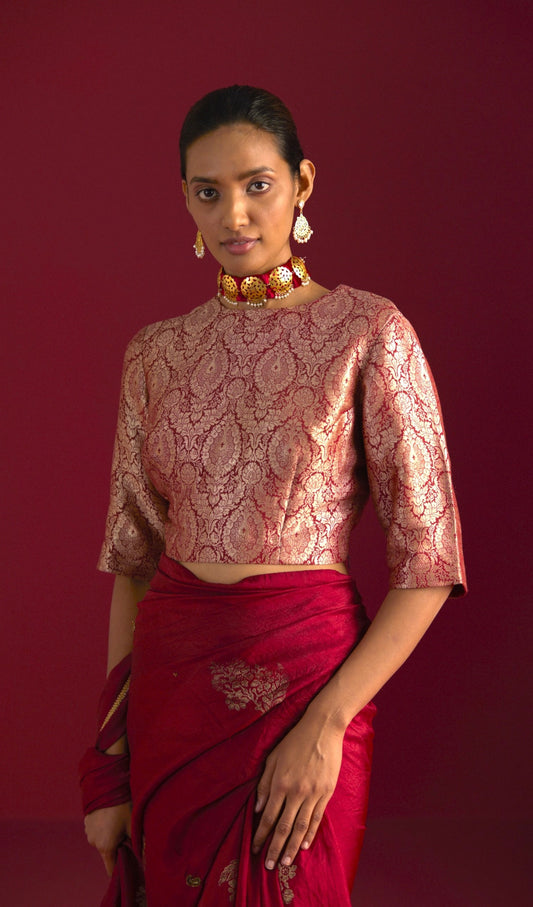 Zero Neck Blouse in Red Mughal Brocade