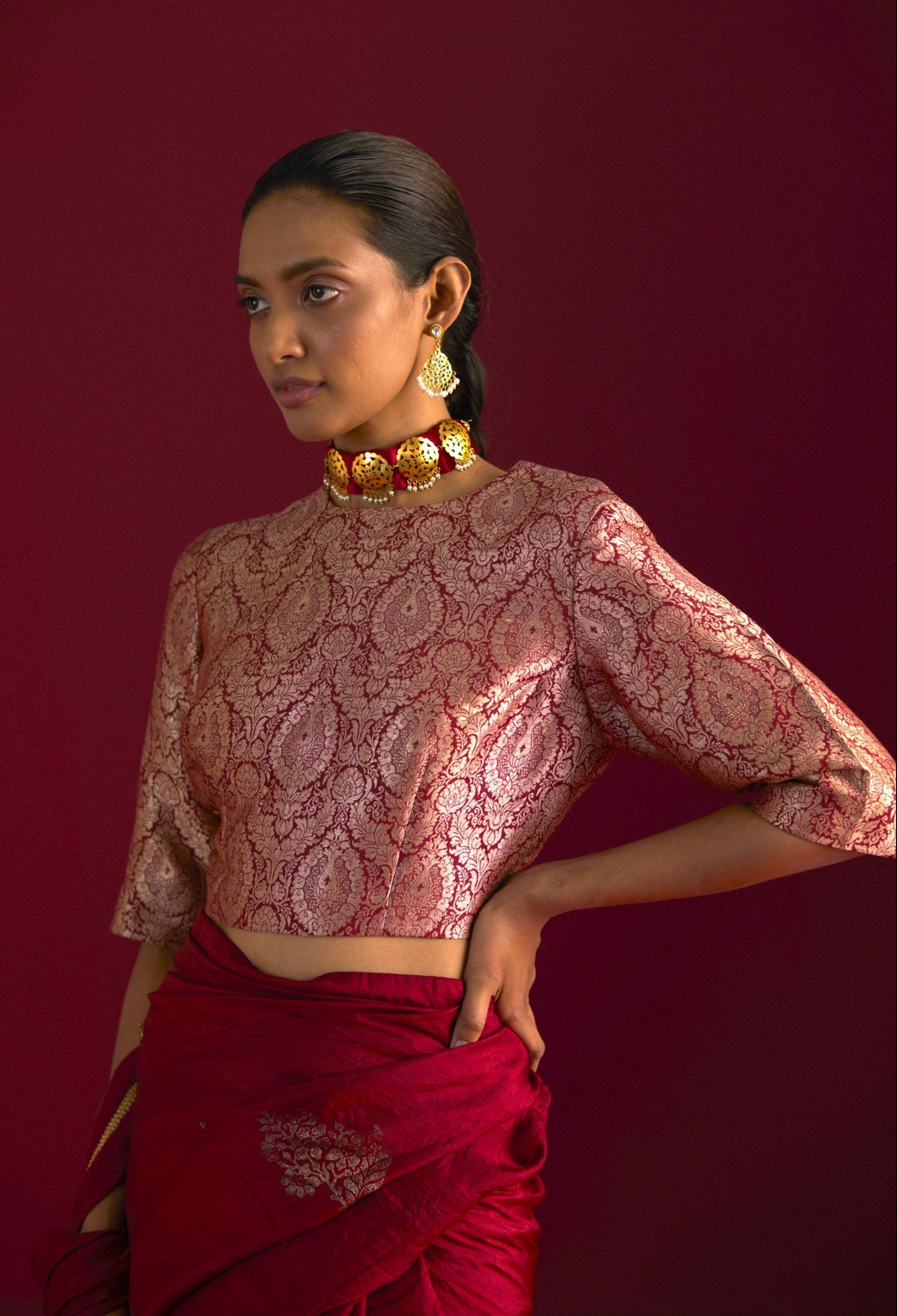 Zero Neck Blouse in Red Mughal Brocade