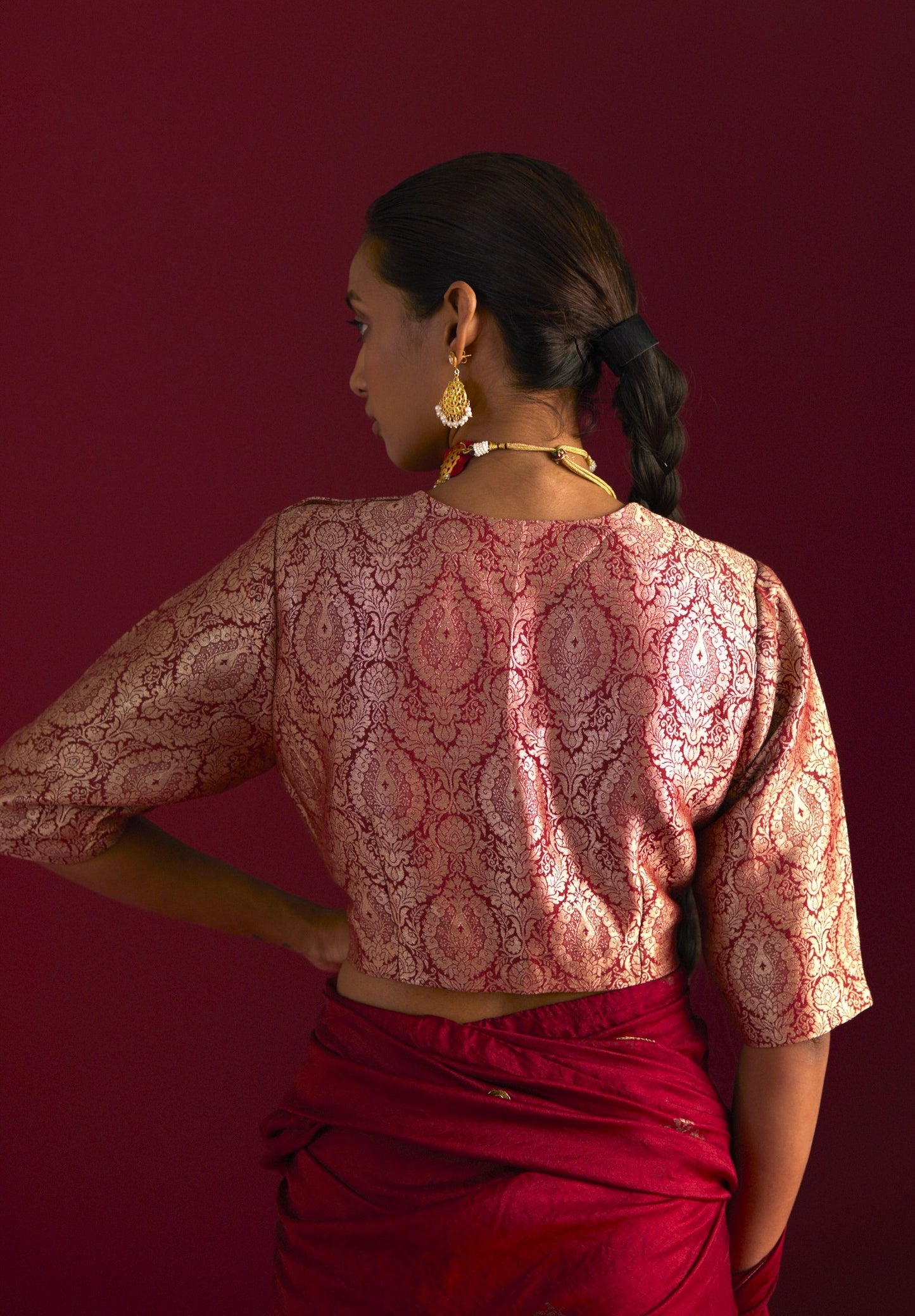 Zero Neck Blouse in Red Mughal Brocade