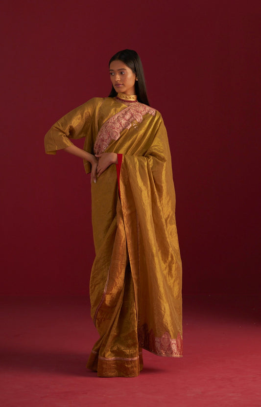 Ayesha Gold Tissue Saree with Red Oji Brocade Border