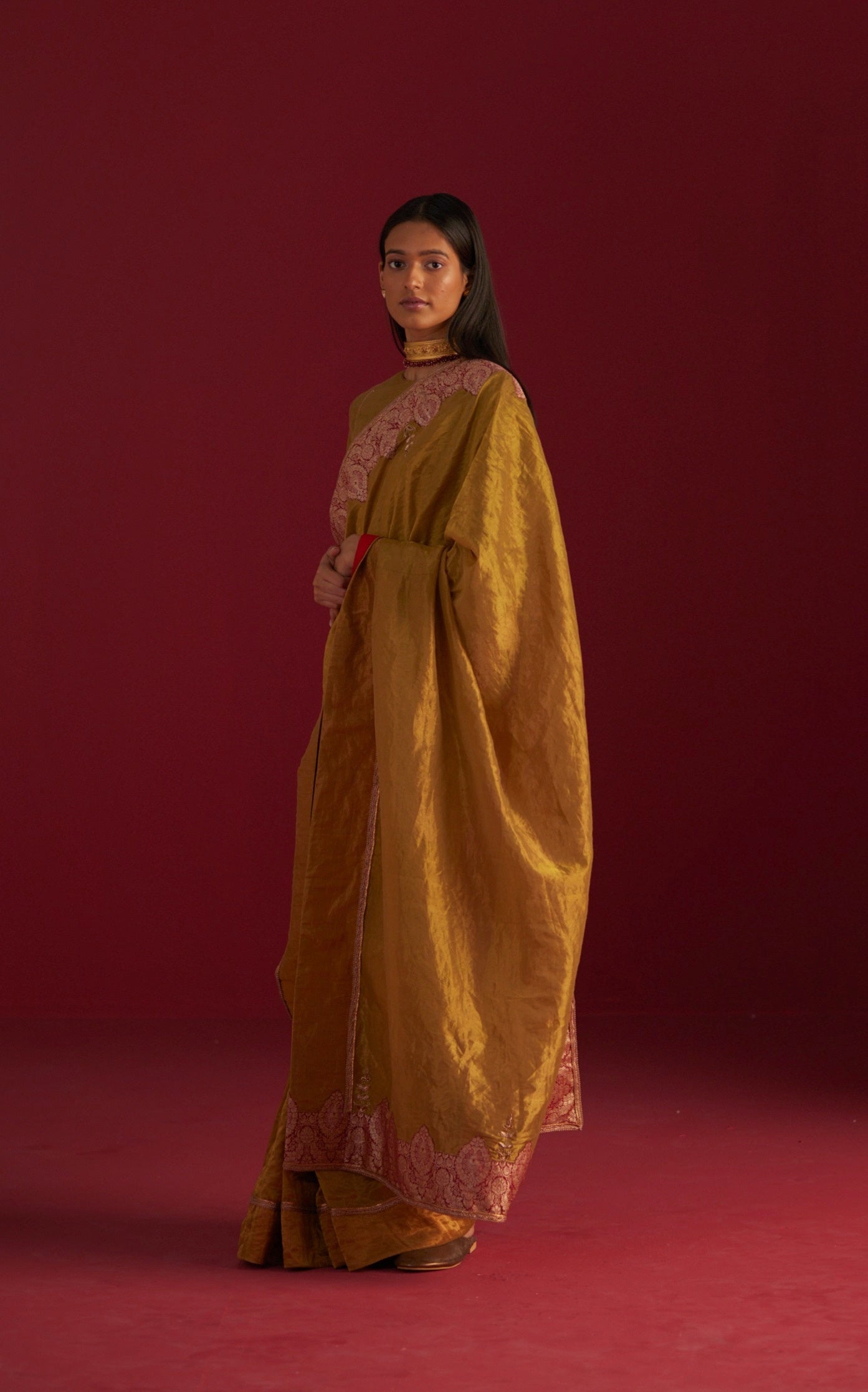 Ayesha Gold Tissue Saree with Red Oji Brocade Border